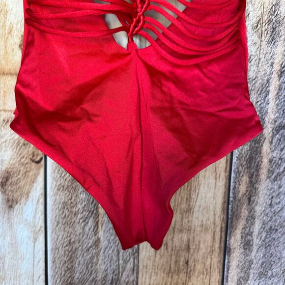 Leonisa Swim One Piece Sculpting Macramé Back Red Small Removeable Straps Beach - Picture 7 of 9